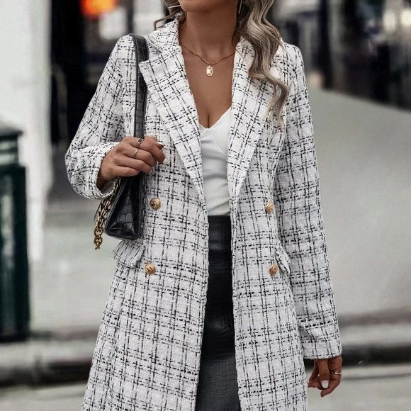 White Preppy Womens Plaid Pattern Double Breasted Tweed Overcoat - Picture 1 of 5